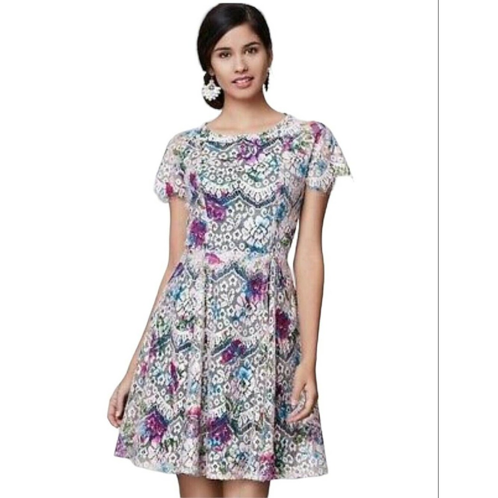 Floral Lace Fit-and-Flare Dress in White and Multicolor